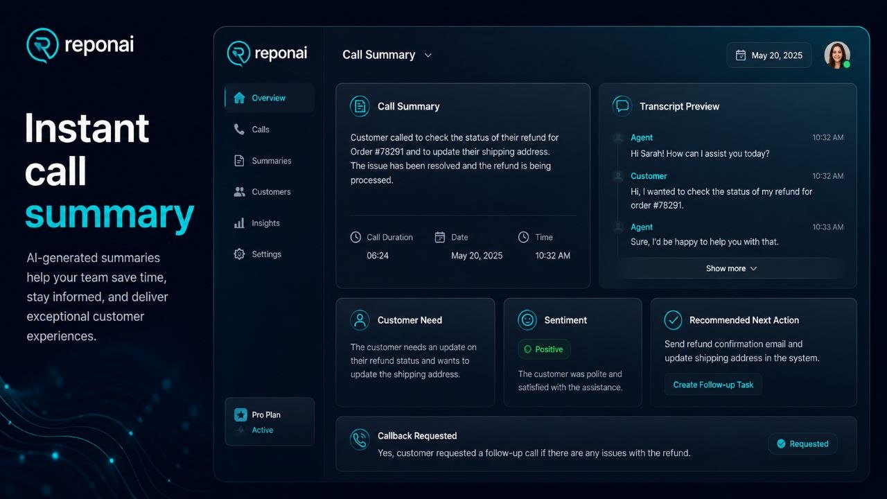 Reponai AI call summary with transcript and next action